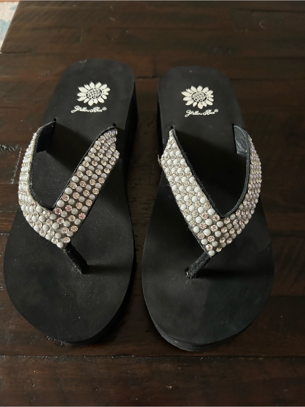 Yellow Box Black Rhinestone-Embellished Flip Flops